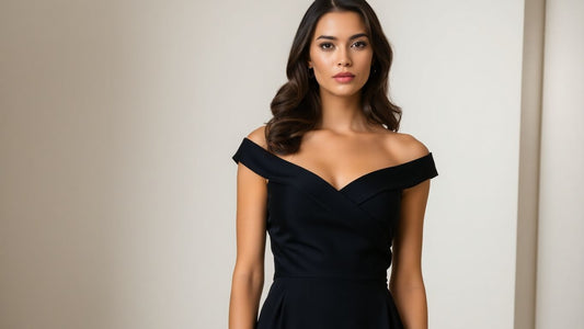 Woman in elegant off-shoulder black cocktail dress