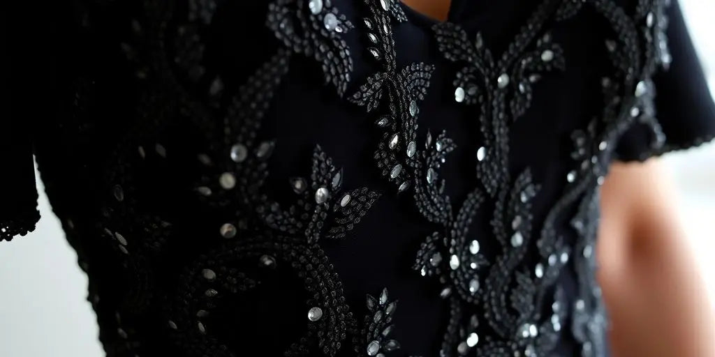 Sparkly black dress shimmering under soft light.