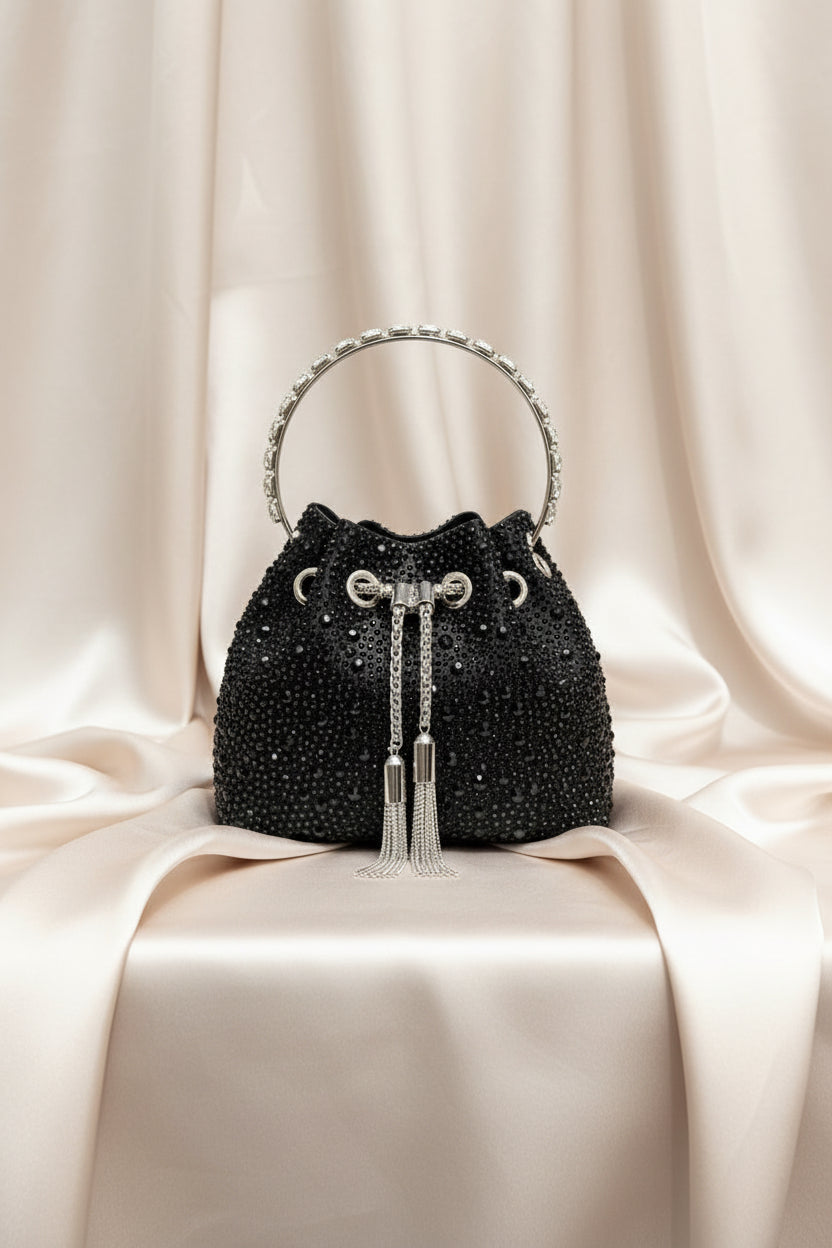 Rhinestone Evening Bucket Bag - Glam Crystal Handle Clutch