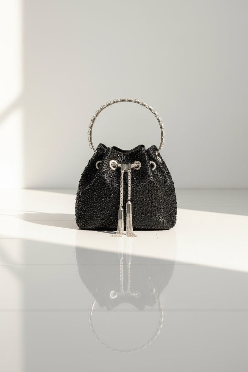 Sac seau de soirée en strass - Pochette à poignée ornée de cristaux glamour