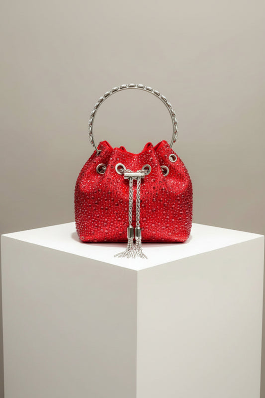Rhinestone Evening Bucket Bag - Glam Crystal Handle Clutch