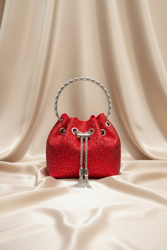 Rhinestone Evening Bucket Bag - Glam Crystal Handle Clutch
