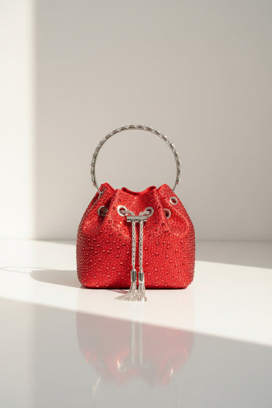 Rhinestone Evening Bucket Bag - Glam Crystal Handle Clutch