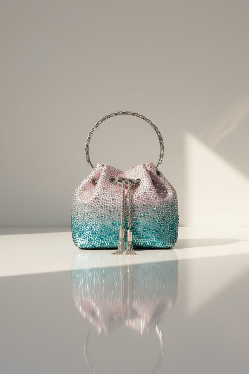 Sac seau de soirée en strass - Pochette à poignée ornée de cristaux glamour