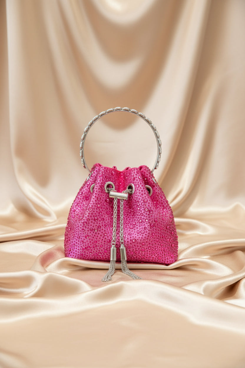 Rhinestone Evening Bucket Bag - Glam Crystal Handle Clutch