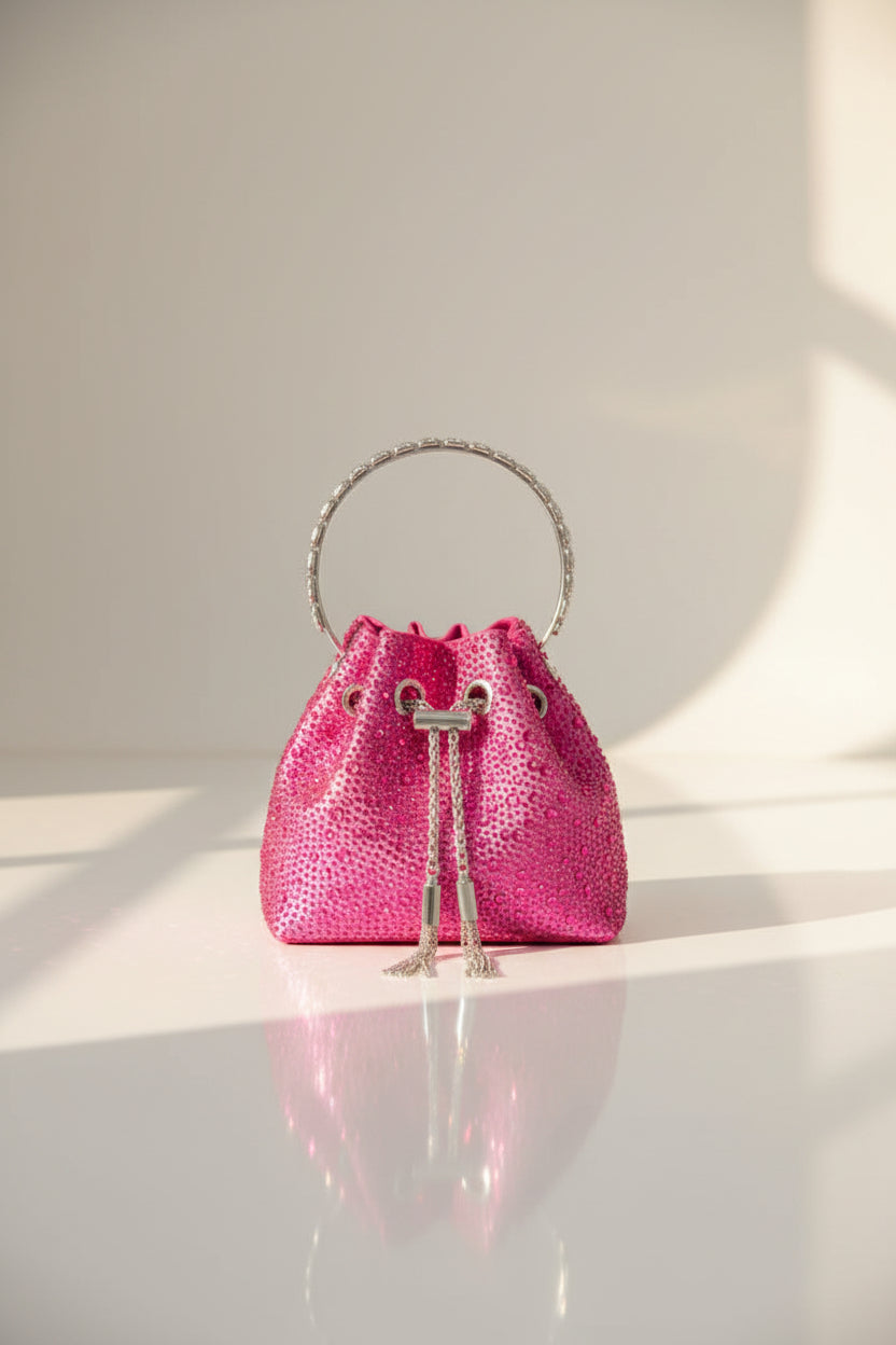 Sac seau de soirée en strass - Pochette à poignée ornée de cristaux glamour