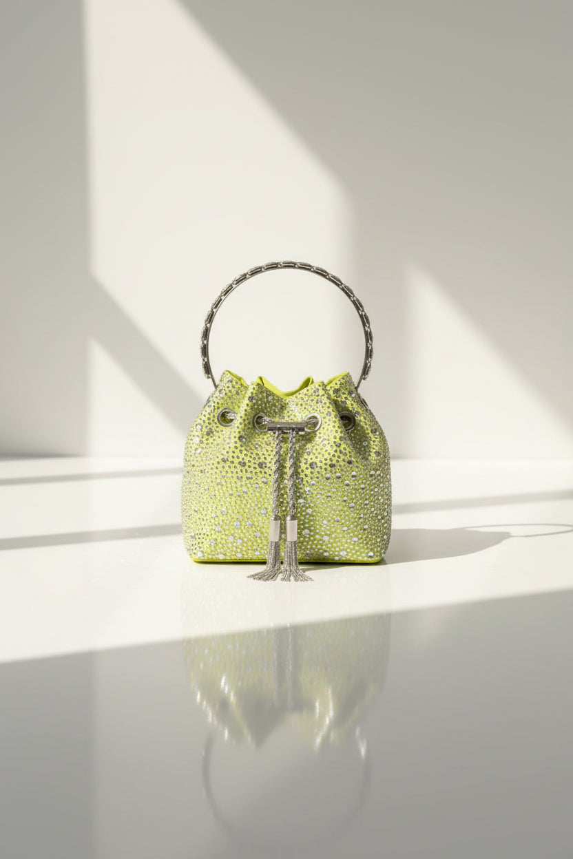 Sac seau de soirée en strass - Pochette à poignée ornée de cristaux glamour