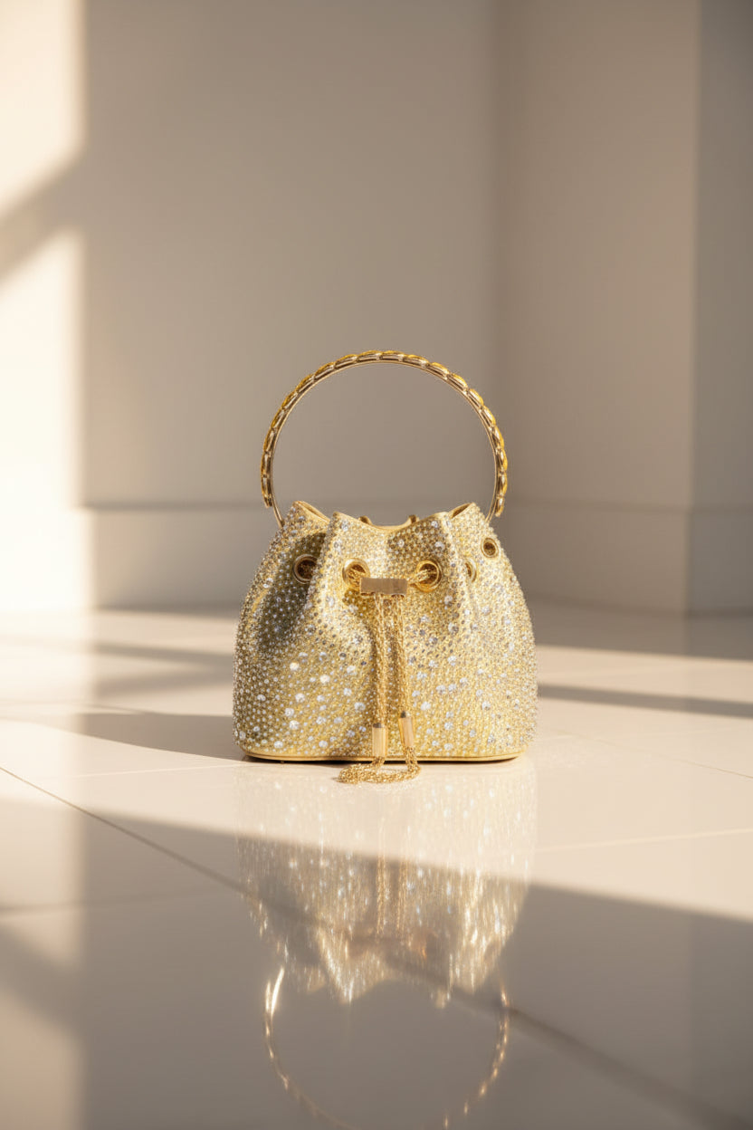 Sac seau de soirée en strass - Pochette à poignée ornée de cristaux glamour