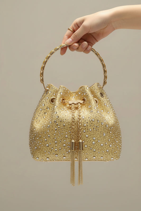 Rhinestone Evening Bucket Bag - Glam Crystal Handle Clutch