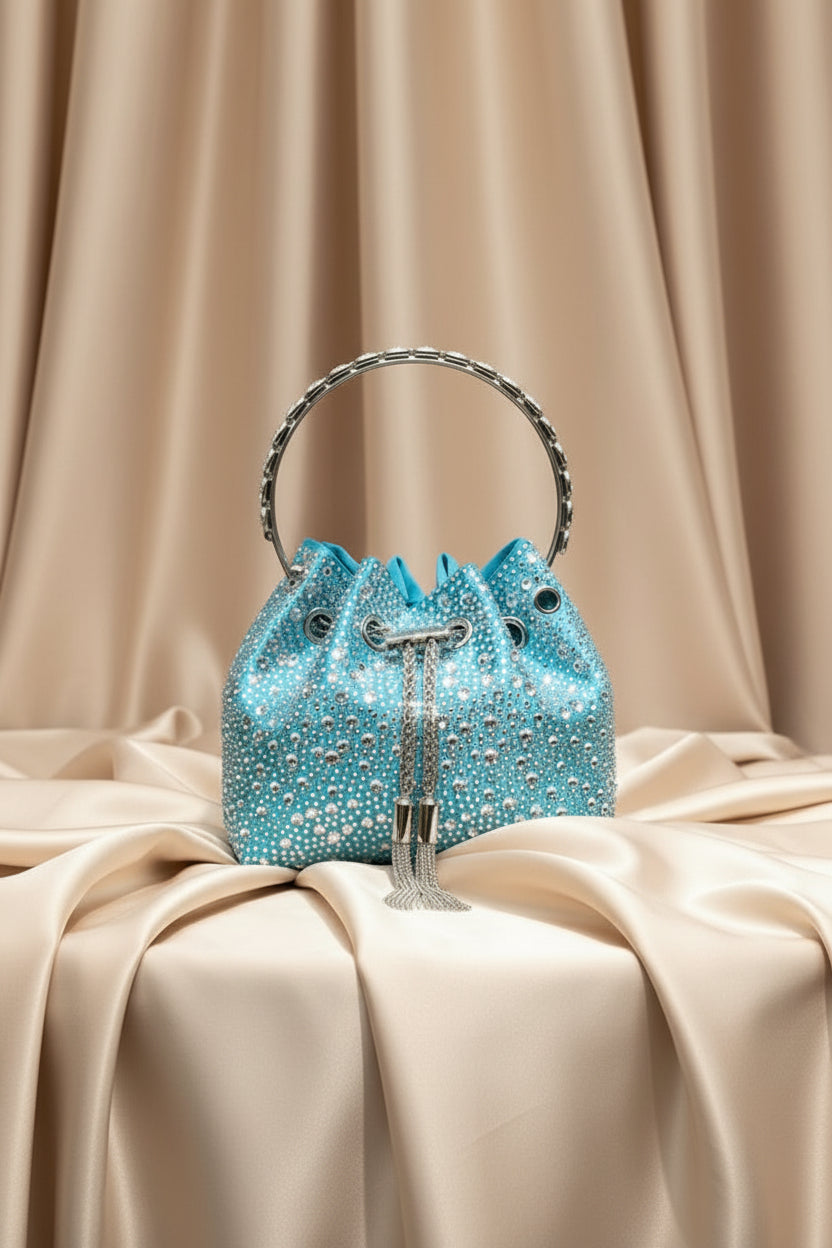 Rhinestone Evening Bucket Bag - Glam Crystal Handle Clutch