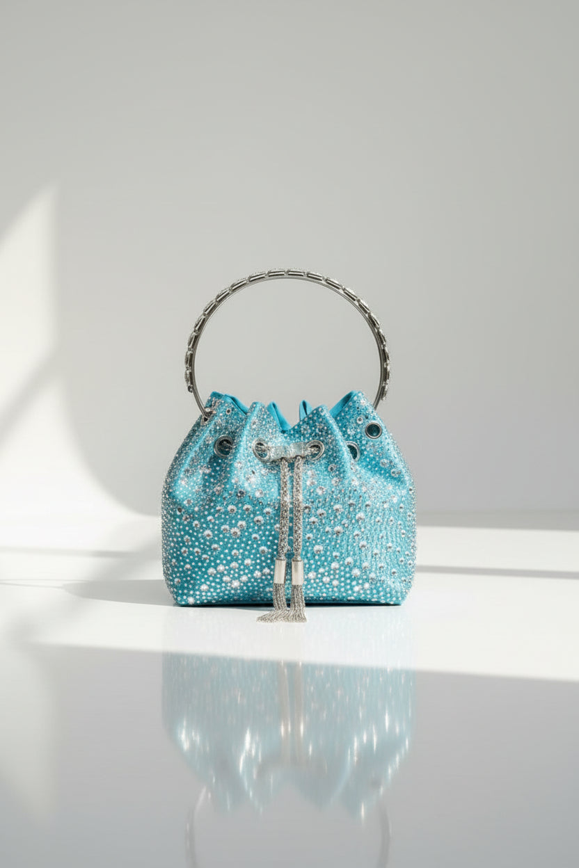 Sac seau de soirée en strass - Pochette à poignée ornée de cristaux glamour