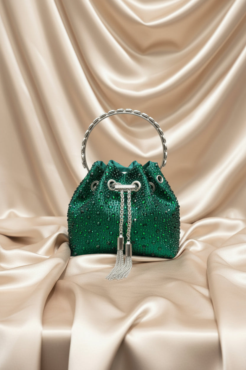 Rhinestone Evening Bucket Bag - Glam Crystal Handle Clutch