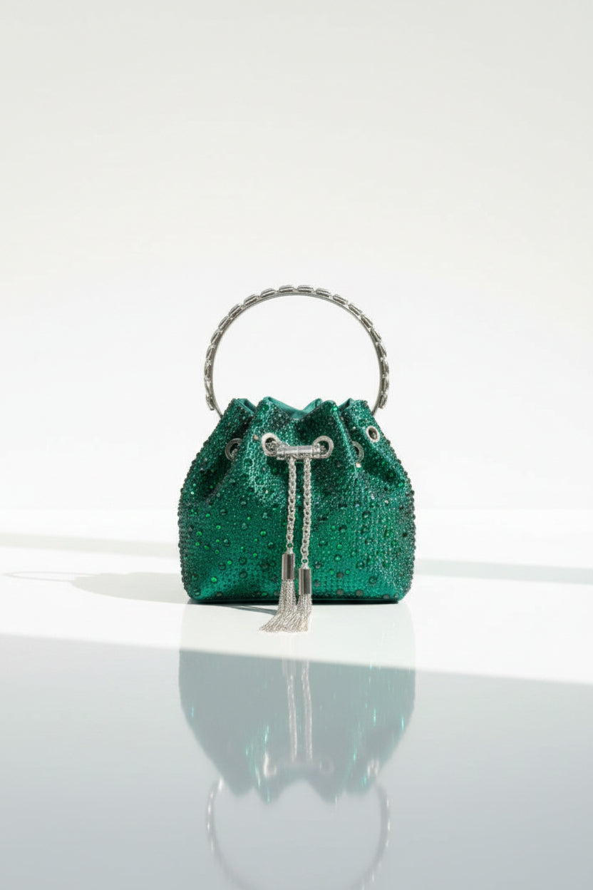 Sac seau de soirée en strass - Pochette à poignée ornée de cristaux glamour