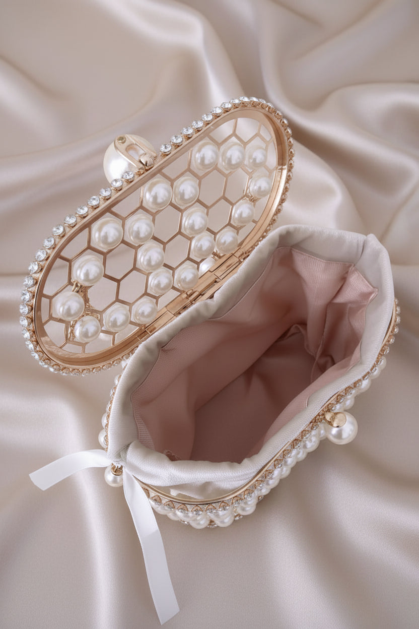 Luna Pearl Radiance Clutch – Elegant Metal Wedding & Evening Handbag