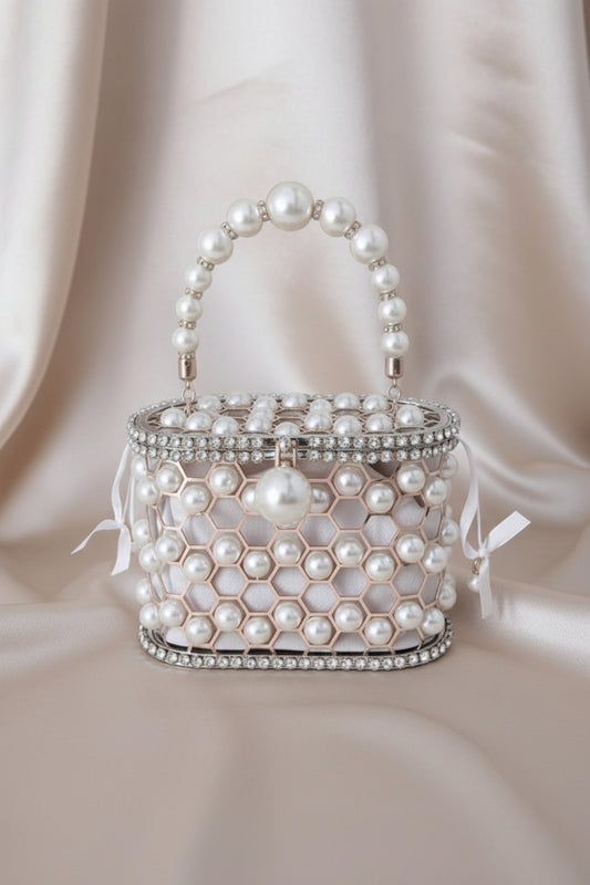 Luna Pearl Radiance Clutch – Elegant Metal Wedding & Evening Handbag