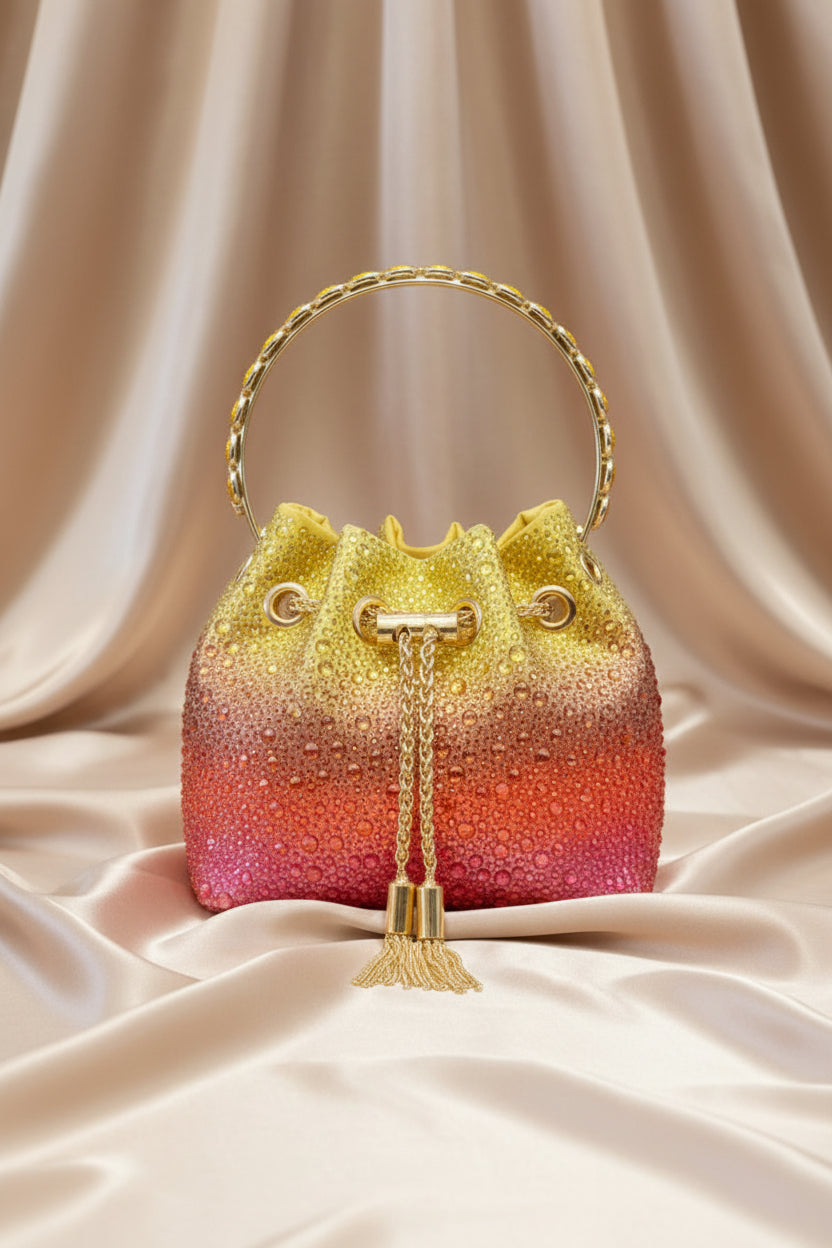 Rhinestone Evening Bucket Bag - Glam Crystal Handle Clutch