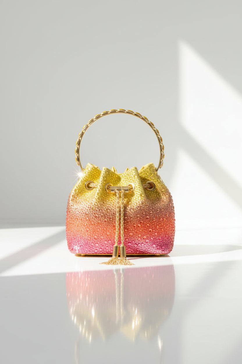 Sac seau de soirée en strass - Pochette à poignée ornée de cristaux glamour