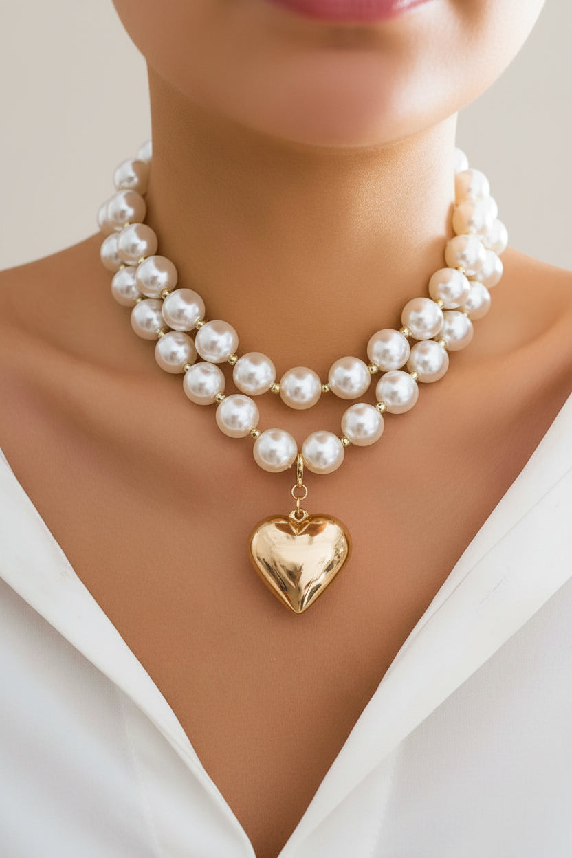 Golden Heart Pearl Necklace