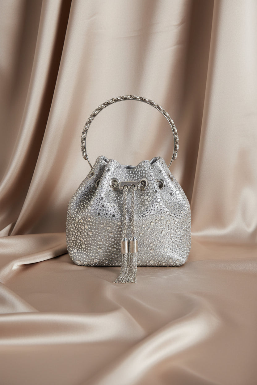 Rhinestone Evening Bucket Bag - Glam Crystal Handle Clutch