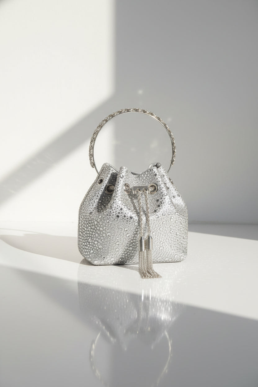 Sac seau de soirée en strass - Pochette à poignée ornée de cristaux glamour