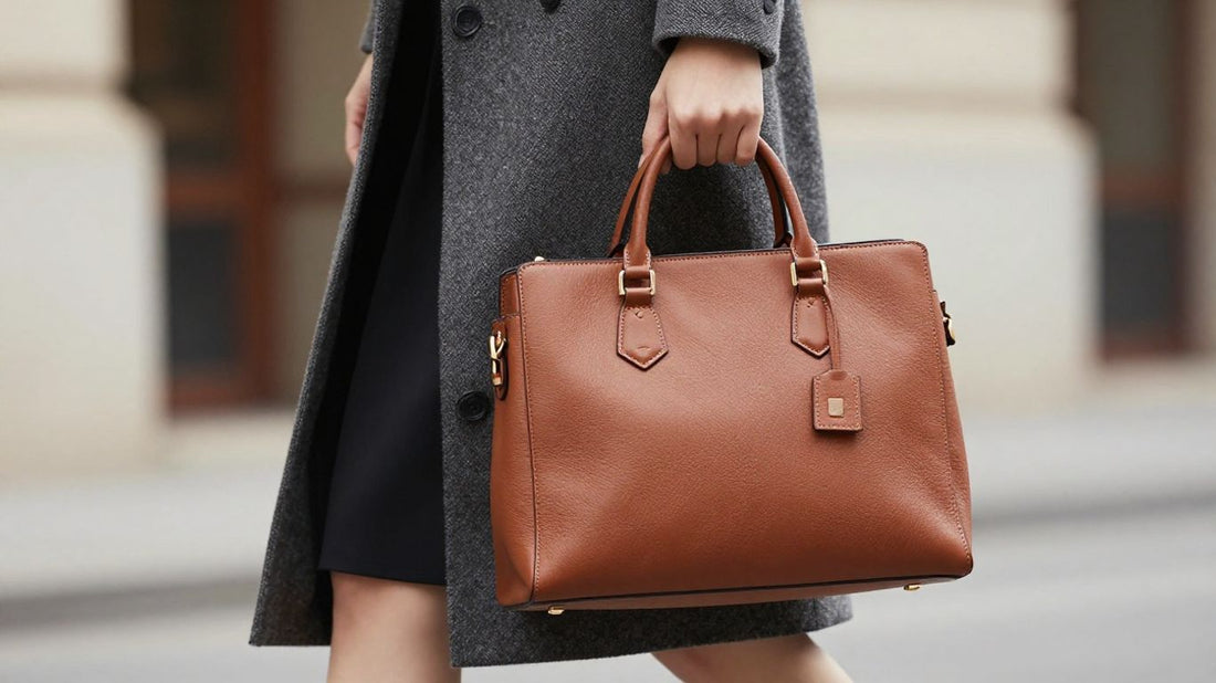 Woman holding a stylish leather satchel bag.