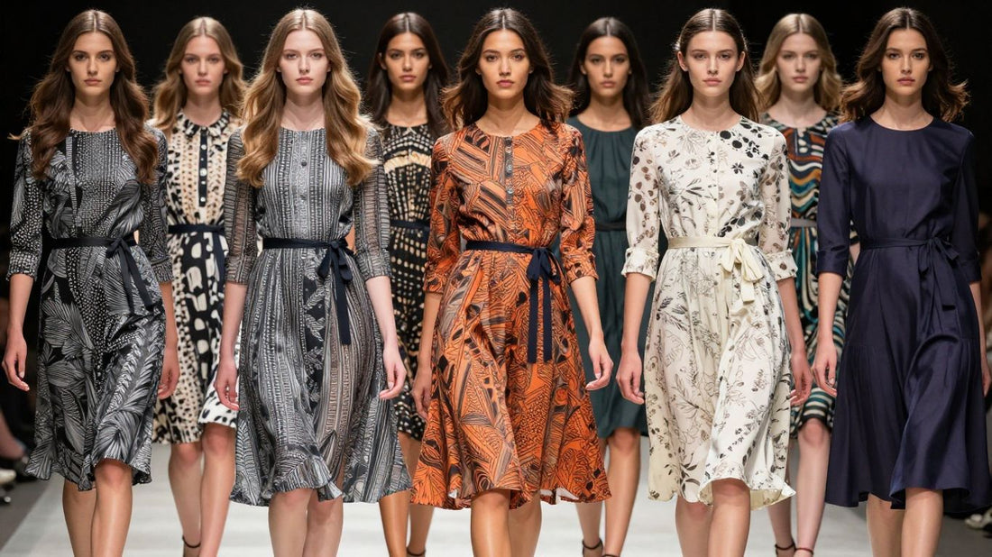 Models wearing stylish 3/4 sleeve dresses in various colors.