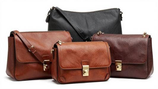 Stylish leather crossbody bags with rich texture and practical compartments.