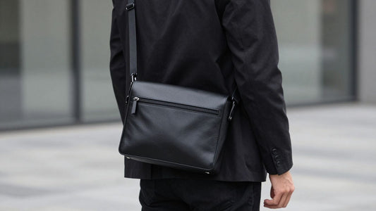 Man wearing a black leather crossbody bag.