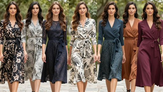 Models wearing various 3/4 sleeve dresses.