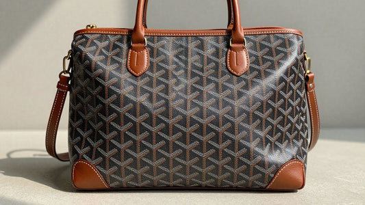 Goyard crossbody bag with signature chevron pattern.