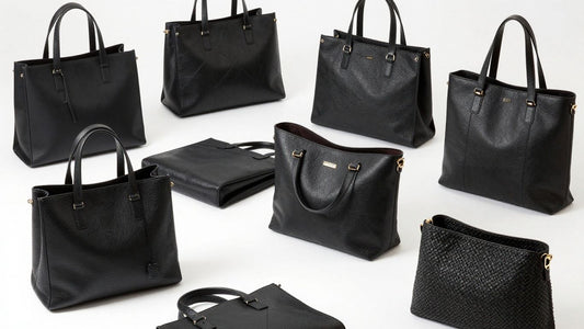 Various black tote bags on a neutral background.