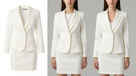 Woman in a chic white two-piece outfit.