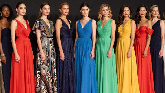 Models wearing stylish floor-length dresses for various occasions.
