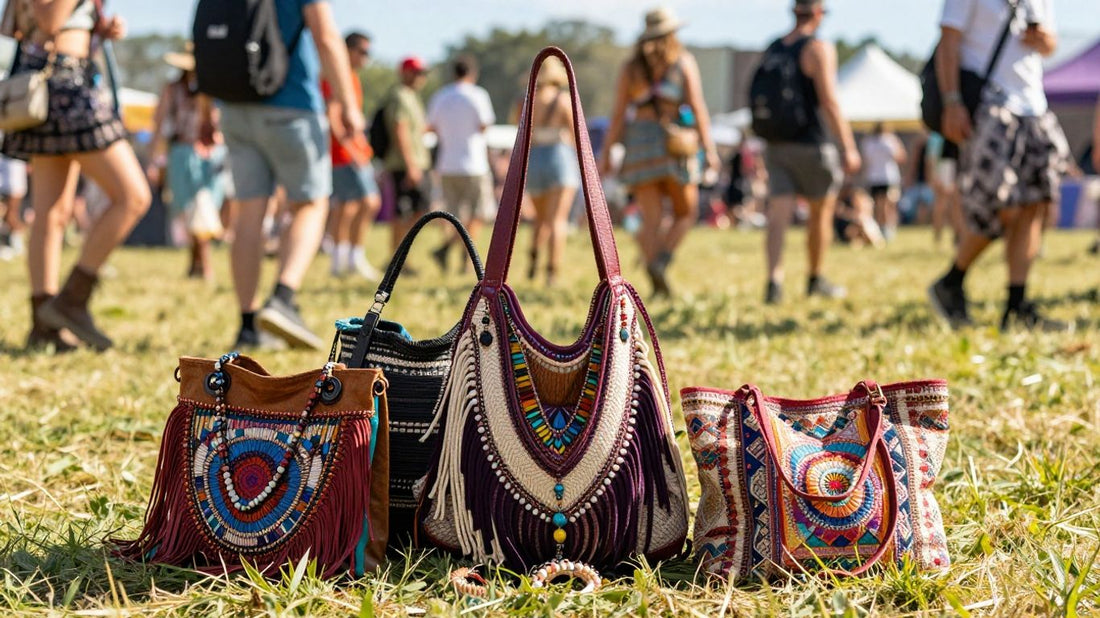 Festival bags and attendees at a sunny outdoor music event.
