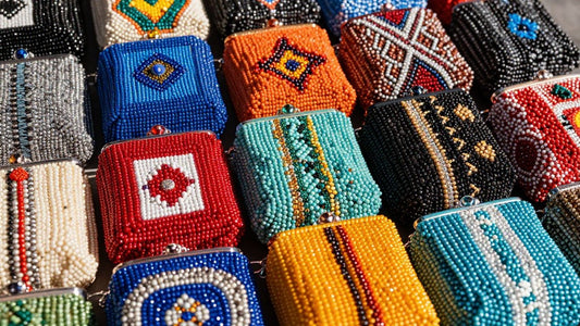 Collection of stylish beaded purses with unique designs.
