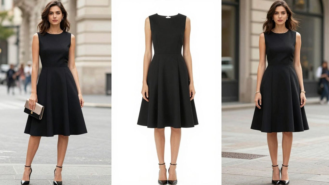 Woman styling a black A-line dress for various occasions.