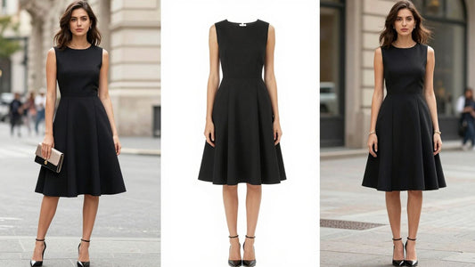 Woman styling a black A-line dress for various occasions.