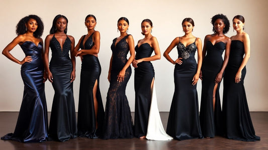 Women in elegant formal evening gowns