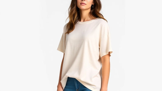 Woman wearing a stylish, comfortable baggy t-shirt.