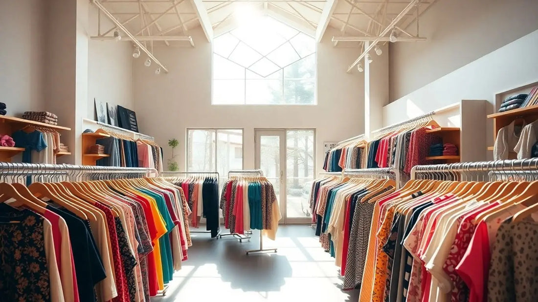 Colorful women's clothing racks inside a bright store.