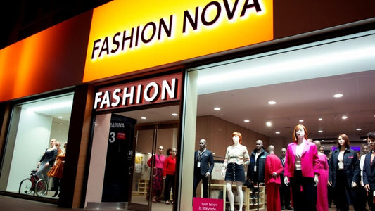 Fashion Nova store exterior with trendy outfits on display.