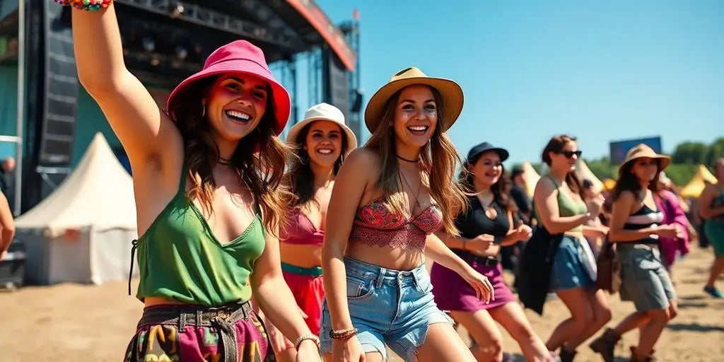 Festival goers dancing, colorful outfits, sunny