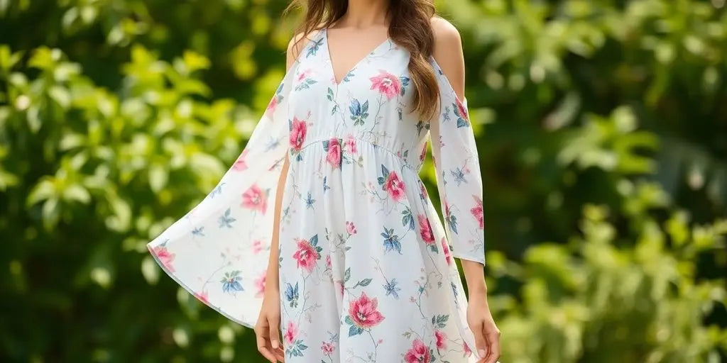 Woman smiling in a flowing floral casual dress.