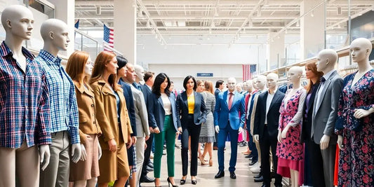 Mannequins displaying diverse, stylish American clothing in a bright store.