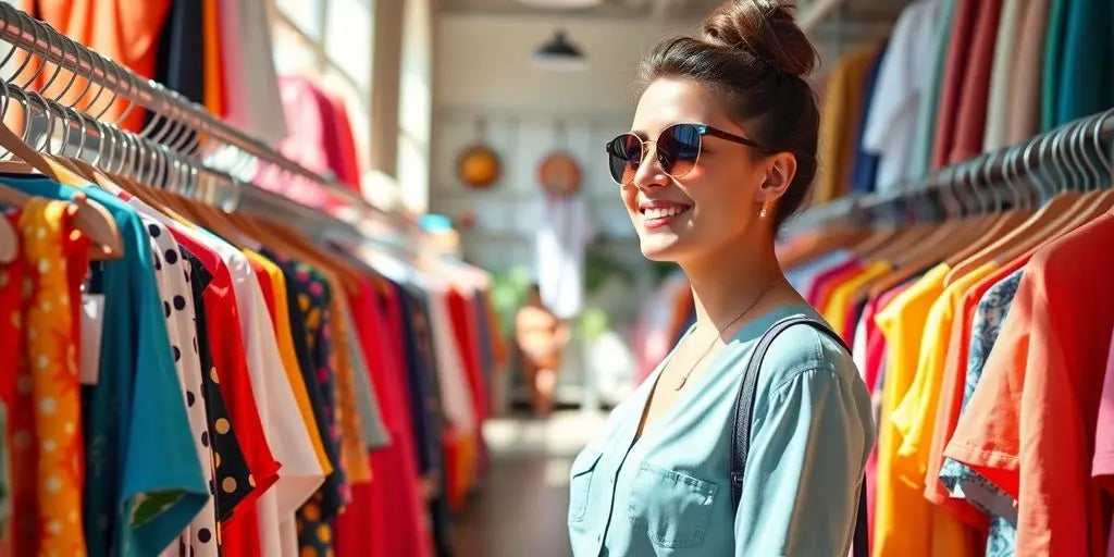 Person happily shopping for trendy clothes.
