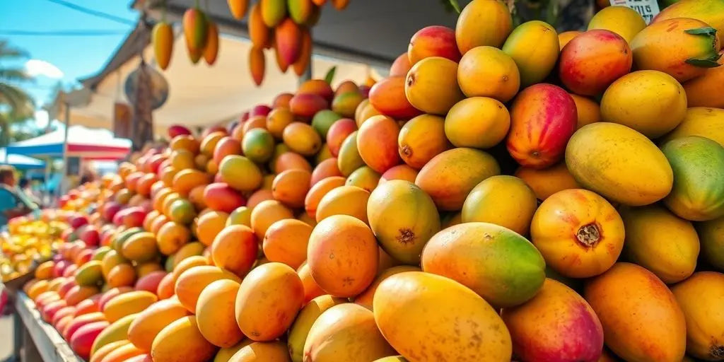 Ripe mangoes in a vibrant fruit market.