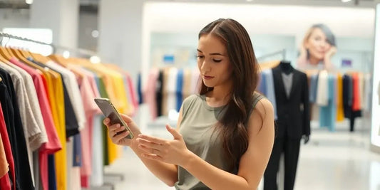 Woman looking at phone near clothing racks