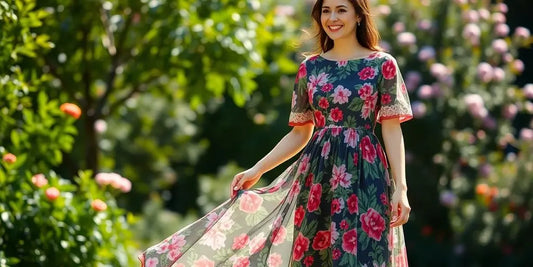Woman in floral sleeve dress smiling at spring wedding.
