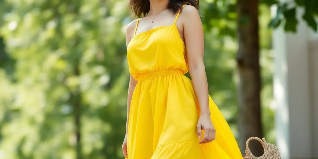 Woman in a yellow sundress, holding a straw bag.