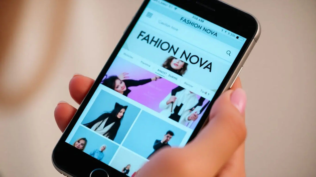 Person holding smartphone with Fashion Nova website visible